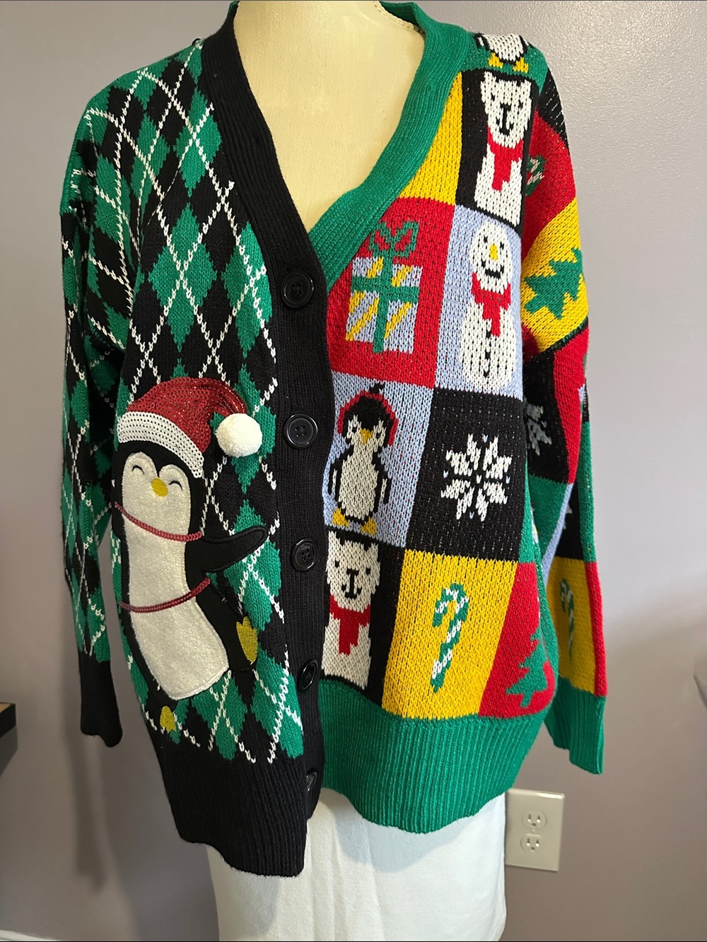 Holiday Penguin Patchwork Cardigan Sweater - Green/Red